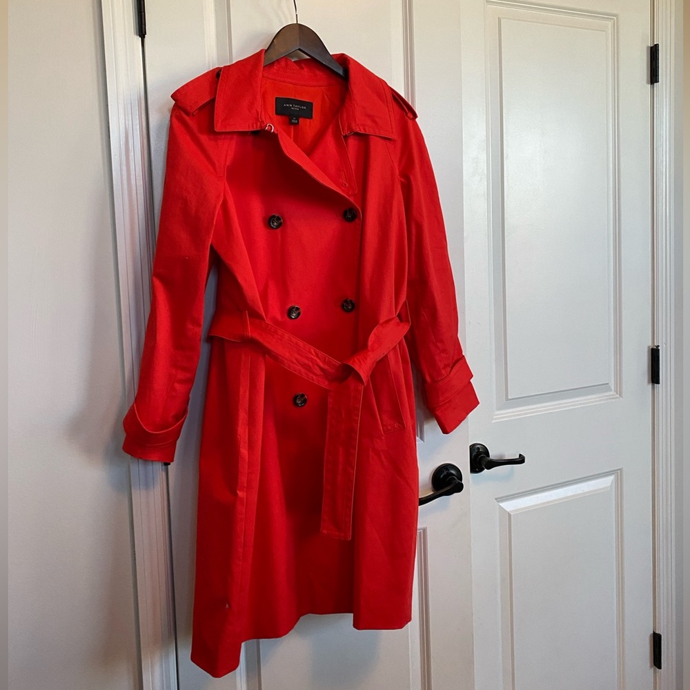 Ann Taylor Vermilion Kiss (red)  classic trench coat. Large petite.
